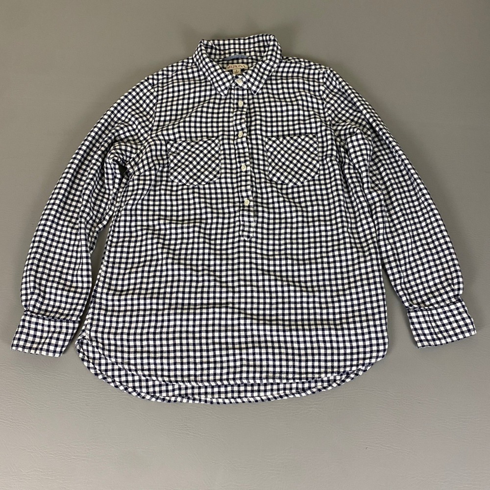 Merona Flannel Shirt Women's Size‎ Large Black White Gingham Checkered Rayon